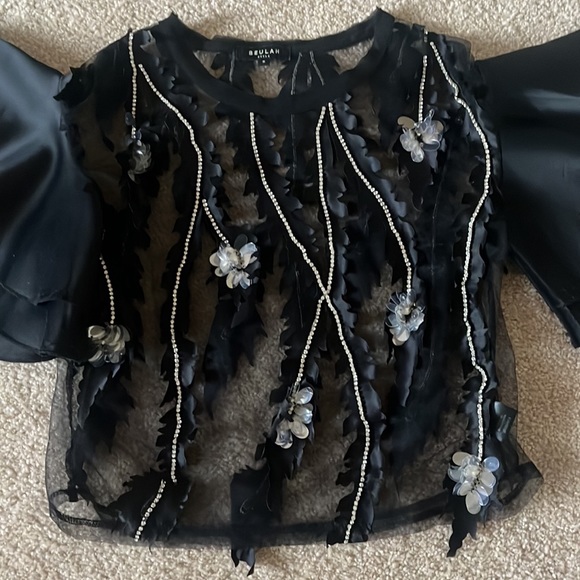 Beulah Style Black Mesh Embellish Shirt